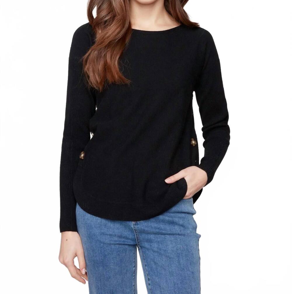 NEW CHARLIE B boat neck sweater with side buttons in black